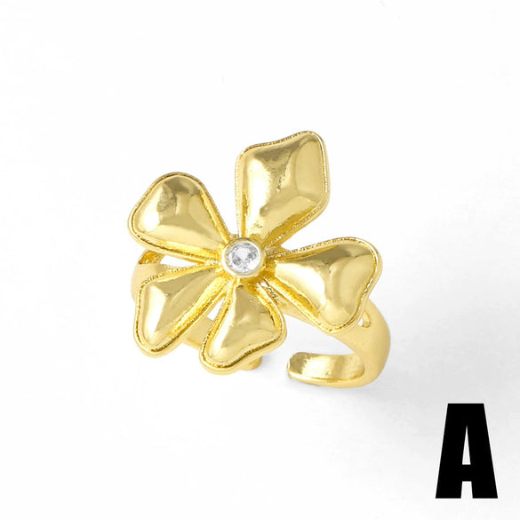 Wholesale Jewelry Copper Plated 18K Gold Geometric Flower Irregular Opening Ring For Women Minimalist Style