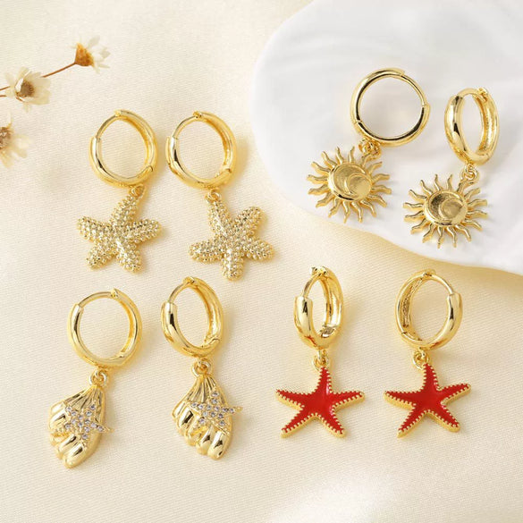 Wholesale Jewelry Copper Plated 18K Gold Geometric Starfish Sun Pendant Earrings For Women