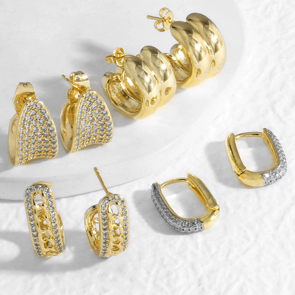 Wholesale Jewelry Copper Plated 18K Gold Geometric Ushaped Cshaped Full Zircon Earrings For Women