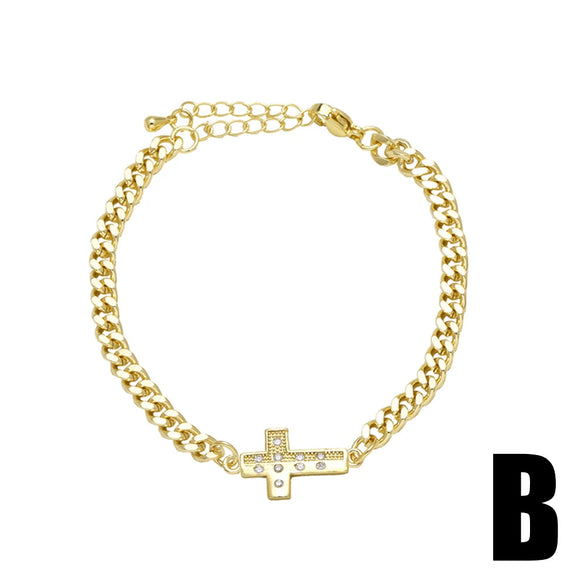 Wholesale Jewelry Copper Plated 18K Gold Inlaid Zircon Cross Geometric Pendant Bracelet Unisex