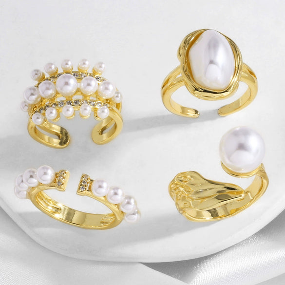 Wholesale Jewelry Copper Plated 18K Gold Inlaid Zircon Pearl Geometric Asymmetrical Open Ring For Women