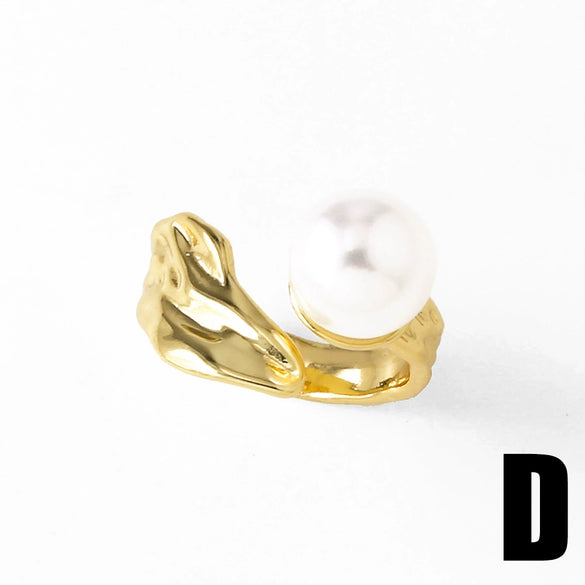 Wholesale Jewelry Copper Plated 18K Gold Inlaid Zircon Pearl Geometric Asymmetrical Open Ring For Women