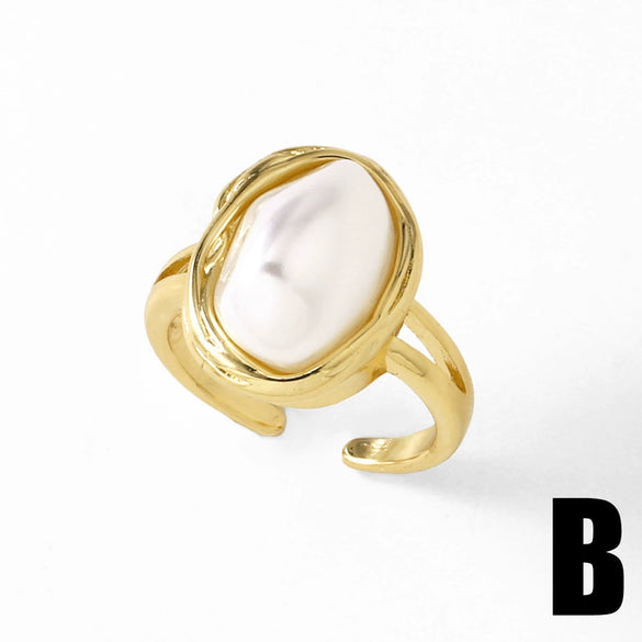 Wholesale Jewelry Copper Plated 18K Gold Inlaid Zircon Pearl Geometric Asymmetrical Open Ring For Women