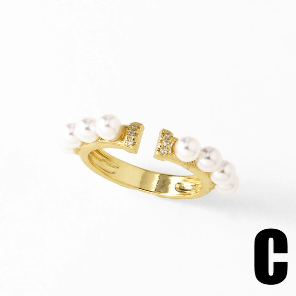 Wholesale Jewelry Copper Plated 18K Gold Inlaid Zircon Pearl Geometric Asymmetrical Open Ring For Women