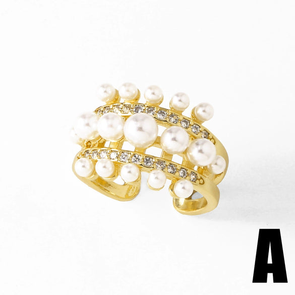Wholesale Jewelry Copper Plated 18K Gold Inlaid Zircon Pearl Geometric Asymmetrical Open Ring For Women