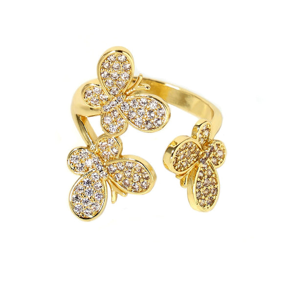 Wholesale Jewelry Copper Plated 18K Gold Light Luxury Geometric Butterfly Flower Zircon Open Ring Set Accessories