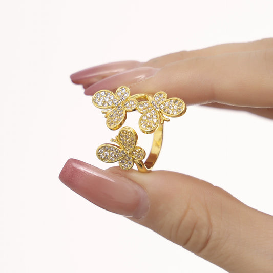 Wholesale Jewelry Copper Plated 18K Gold Light Luxury Geometric Butterfly Flower Zircon Open Ring Set Accessories
