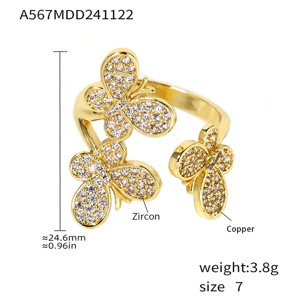 Wholesale Jewelry Copper Plated 18K Gold Light Luxury Geometric Butterfly Flower Zircon Open Ring Set Accessories