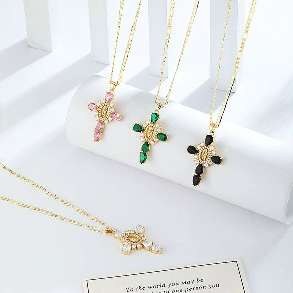 Wholesale Jewelry Copper Plated Real Gold Figaro Pendant Cross Necklace Retro Palace Style