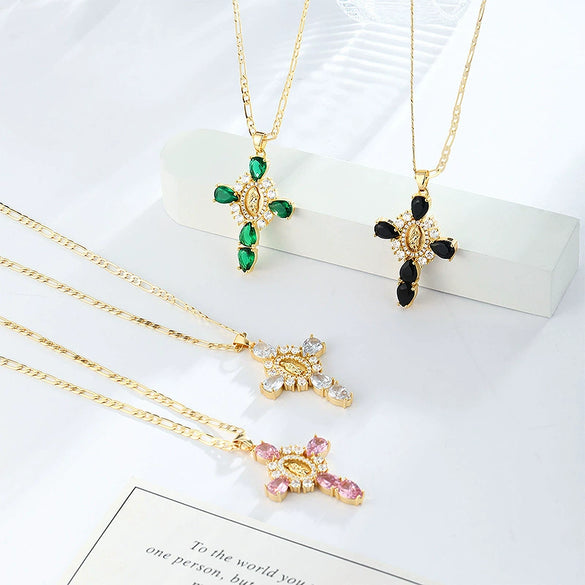 Wholesale Jewelry Copper Plated Real Gold Figaro Pendant Cross Necklace Retro Palace Style