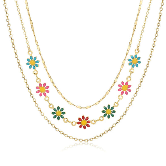 Wholesale Jewelry Copper Plated Real Gold Flower Pattern Electroplating Women's Stacked Threelayer Necklace