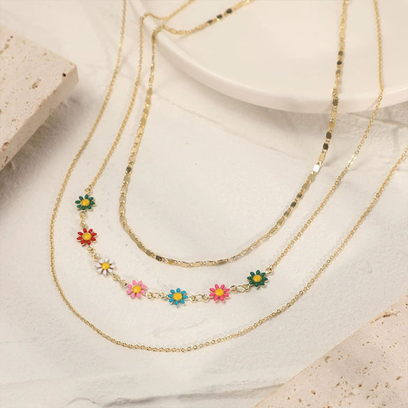 Wholesale Jewelry Copper Plated Real Gold Flower Pattern Electroplating Women's Stacked Threelayer Necklace