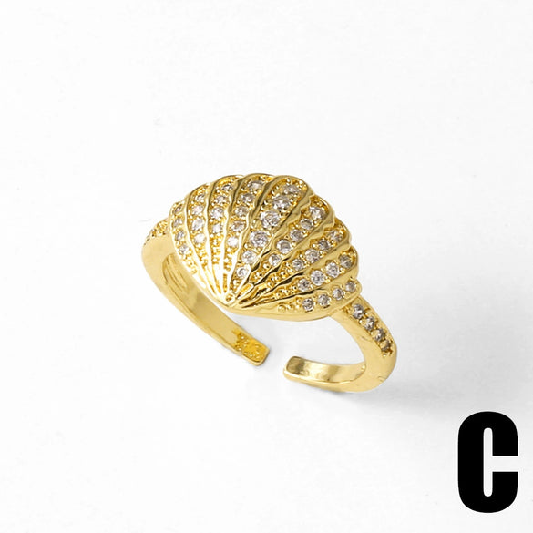 Wholesale Jewelry Copper Plated Real Gold Flower Shell Full Zircon Opening Ring Electroplating Unisex Simple Style