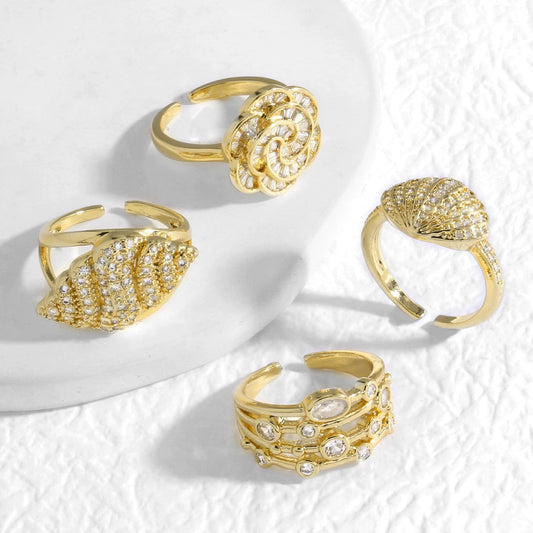 Wholesale Jewelry Copper Plated Real Gold Flower Shell Full Zircon Opening Ring Electroplating Unisex Simple Style
