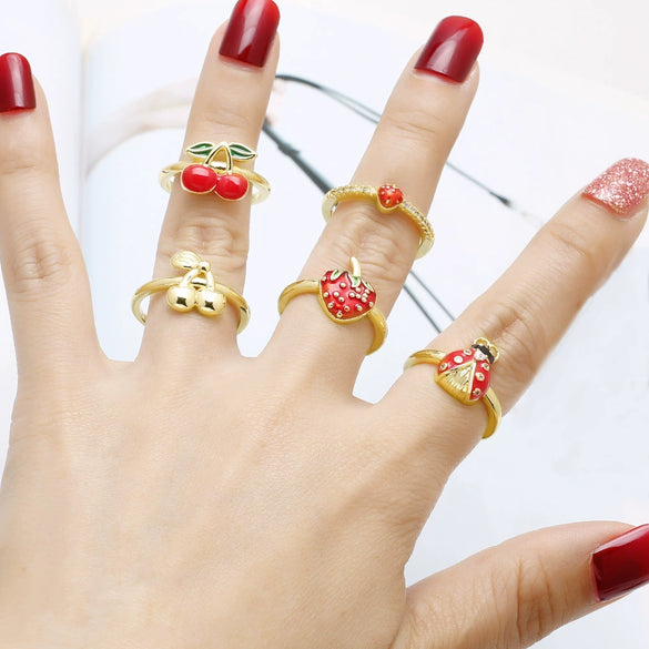 Wholesale Jewelry Copper Plated Real Gold Fruit Cherry Adjustable Ring Geometric Style