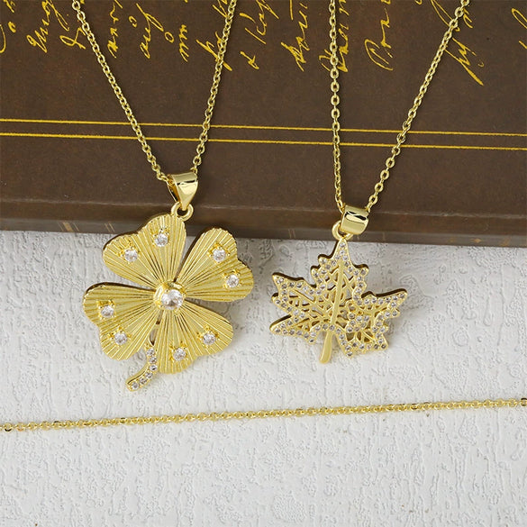 Wholesale Jewelry Copper Plated Real Gold Micro Zircon Fourleaf Clover Cross Pendant Minimalist Geometric Style Accessories