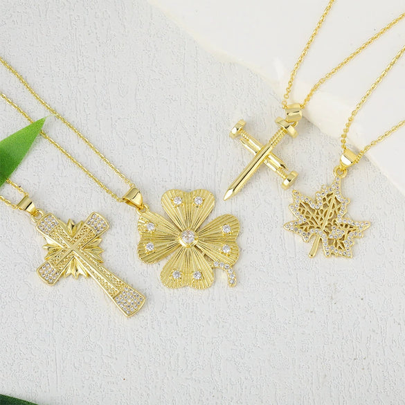 Wholesale Jewelry Copper Plated Real Gold Micro Zircon Fourleaf Clover Cross Pendant Minimalist Geometric Style Accessories