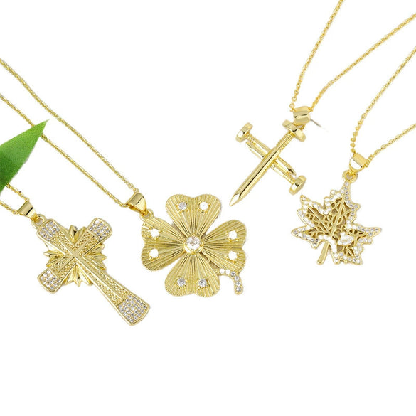 Wholesale Jewelry Copper Plated Real Gold Micro Zircon Fourleaf Clover Cross Pendant Minimalist Geometric Style Accessories