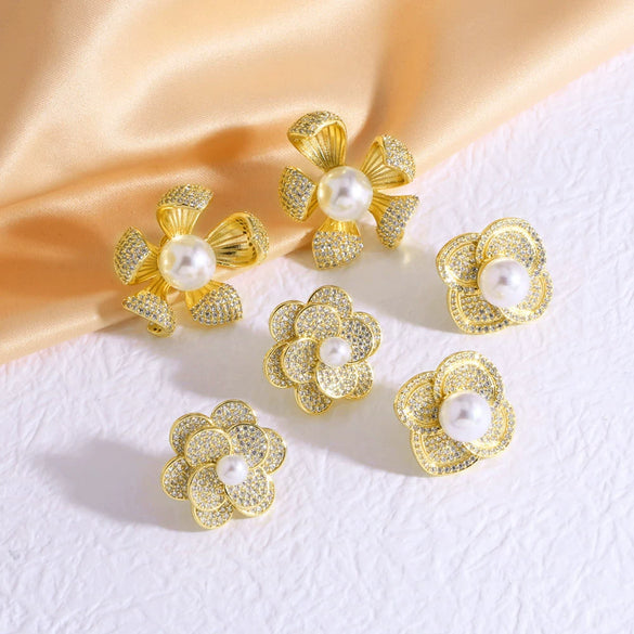 Wholesale Jewelry Copper Plated Real Gold Pearl Flower Inlaid Zircon Earrings