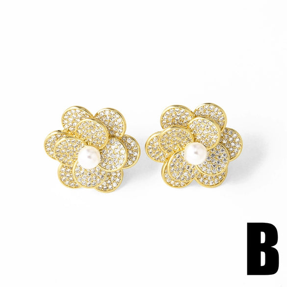 Wholesale Jewelry Copper Plated Real Gold Pearl Flower Inlaid Zircon Earrings