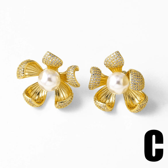 Wholesale Jewelry Copper Plated Real Gold Pearl Flower Inlaid Zircon Earrings