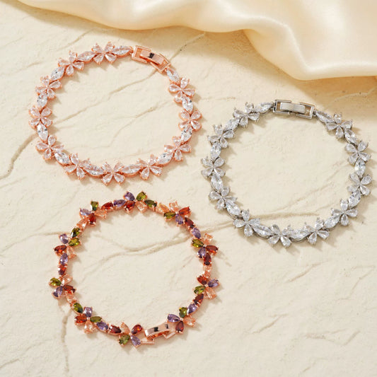 Wholesale Jewelry Copper Plated Rose Gold Colorful Zircon Flower Bracelet For Women