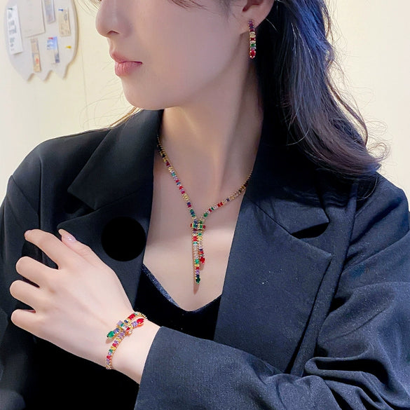 Wholesale Jewelry Copper Real Gold Electroplated Zircon Inlay Snake Shape Luxury Women's Fashion Necklace Set
