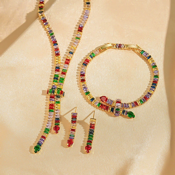 Wholesale Jewelry Copper Real Gold Electroplated Zircon Inlay Snake Shape Luxury Women's Fashion Necklace Set