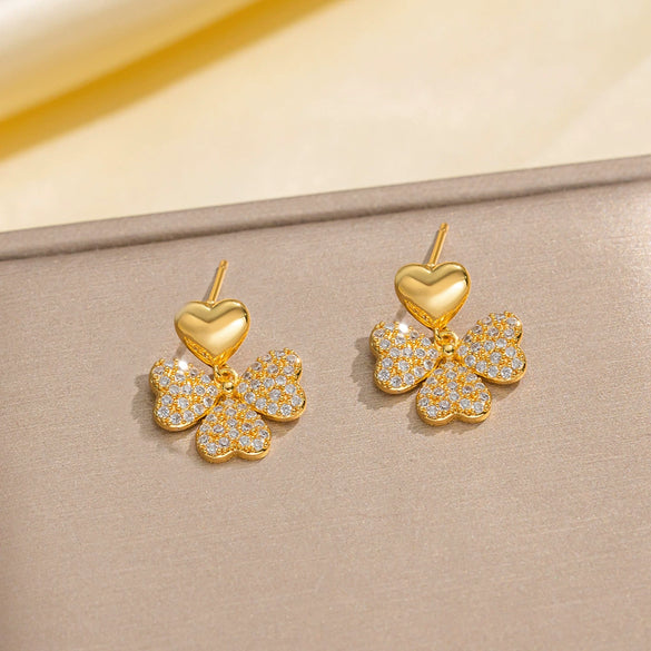 Wholesale Jewelry Copper Real Gold Plated Inlaid Zircon Women's Four Leaf Clover And Heart Shape Earrings