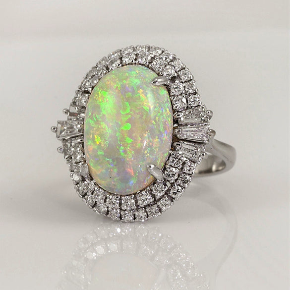 Wholesale Jewelry Copper Silver Inlaid Zircon Artificial Opal Geometric Ring For Women