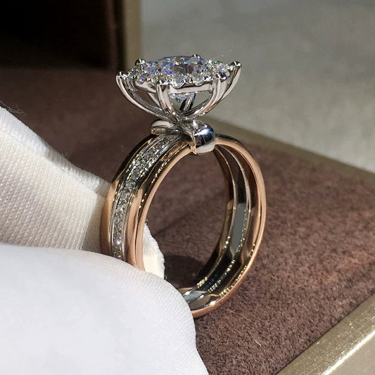 Wholesale Jewelry Copper Twocolor Zircon Engagement Ring Geometric Style