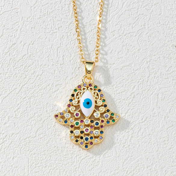 Wholesale Jewelry Copper Zircon Devil's Eye Palm Pendant Necklace 18K Gold Electroplated O Chain For Women