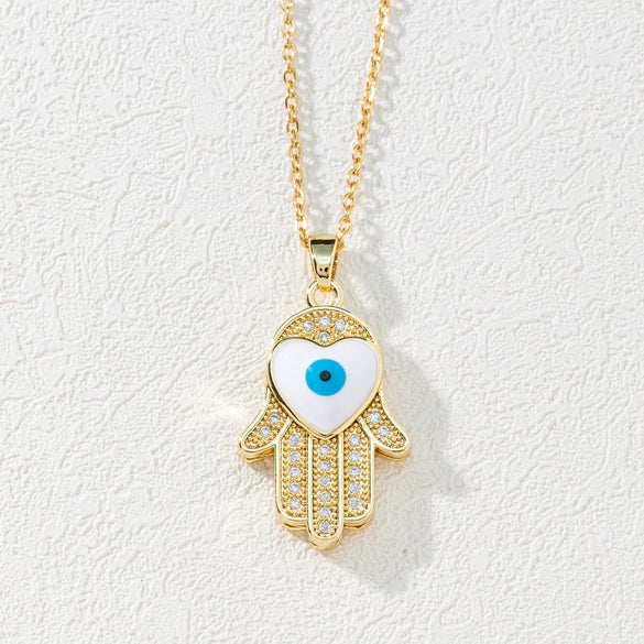 Wholesale Jewelry Copper Zircon Devil's Eye Palm Pendant Necklace 18K Gold Electroplated O Chain For Women
