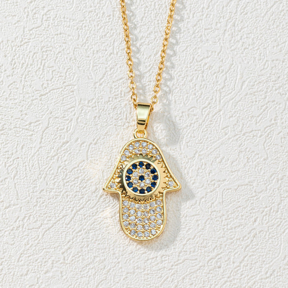 Wholesale Jewelry Copper Zircon Devil's Eye Palm Pendant Necklace 18K Gold Electroplated O Chain For Women