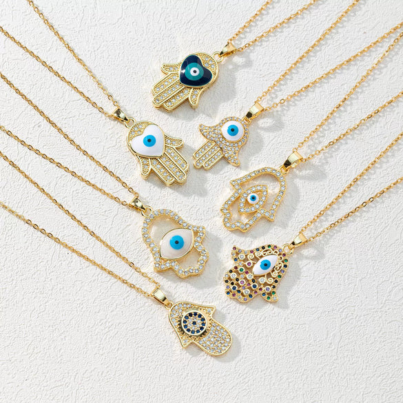 Wholesale Jewelry Copper Zircon Devil's Eye Palm Pendant Necklace 18K Gold Electroplated O Chain For Women