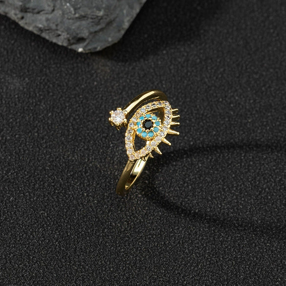 Wholesale Jewelry Copper Zircon Enamel Oil Drop Evil Eye Retro Open Ring For Women Electroplated