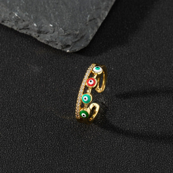 Wholesale Jewelry Copper Zircon Enamel Oil Drop Evil Eye Retro Open Ring For Women Electroplated