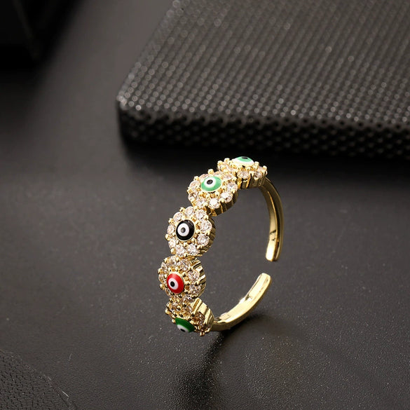 Wholesale Jewelry Copper Zircon Enamel Oil Drop Evil Eye Retro Open Ring For Women Electroplated