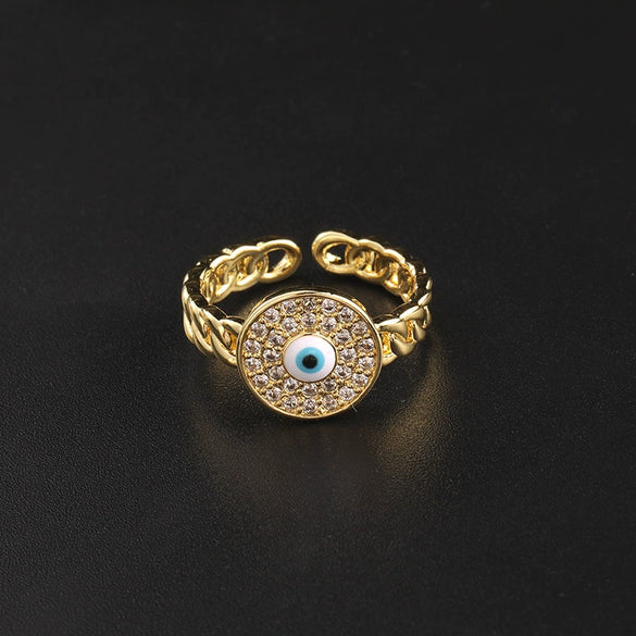 Wholesale Jewelry Copper Zircon Enamel Oil Drop Evil Eye Retro Open Ring For Women Electroplated