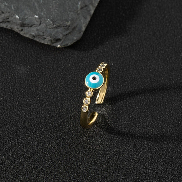 Wholesale Jewelry Copper Zircon Enamel Oil Drop Evil Eye Retro Open Ring For Women Electroplated