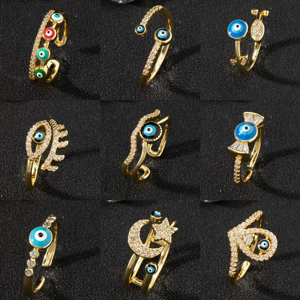 Wholesale Jewelry Copper Zircon Enamel Oil Drop Evil Eye Retro Open Ring For Women Electroplated