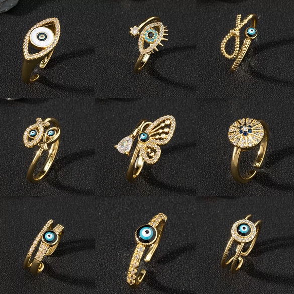 Wholesale Jewelry Copper Zircon Enamel Oil Drop Evil Eye Retro Open Ring For Women Electroplated