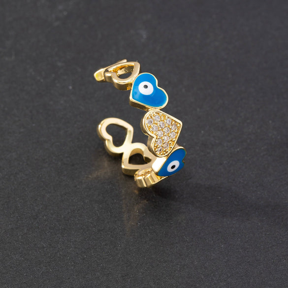 Wholesale Jewelry Copper Zircon Enamel Oil Drop Evil Eye Retro Open Ring For Women Electroplated