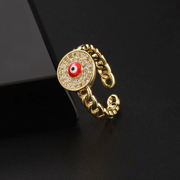 Wholesale Jewelry Copper Zircon Enamel Oil Drop Evil Eye Retro Open Ring For Women Electroplated