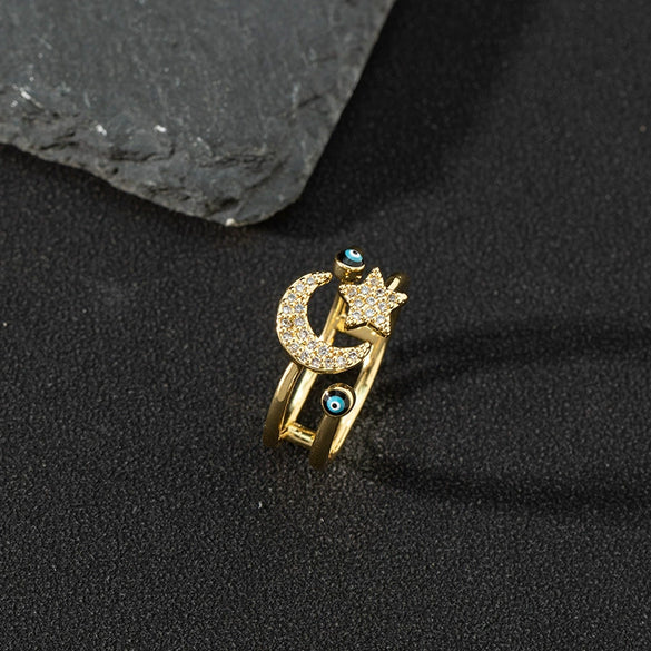 Wholesale Jewelry Copper Zircon Enamel Oil Drop Evil Eye Retro Open Ring For Women Electroplated