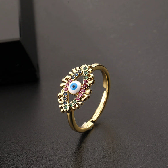 Wholesale Jewelry Copper Zircon Enamel Oil Drop Evil Eye Retro Open Ring For Women Electroplated