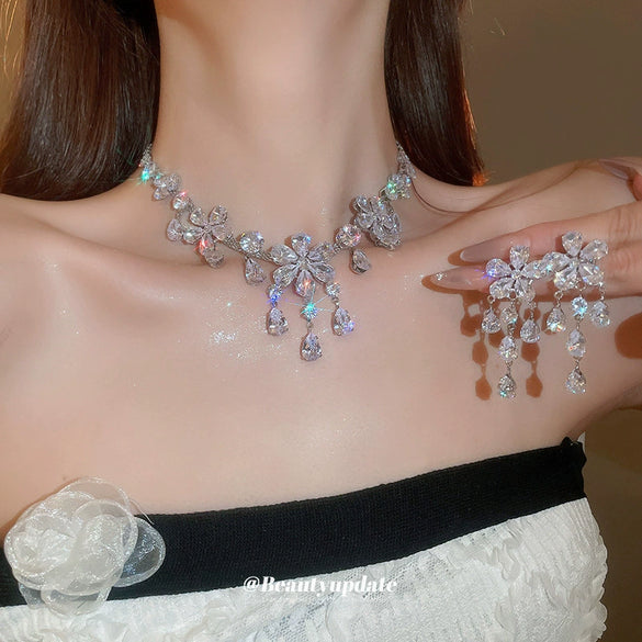 Wholesale Jewelry Copper Zircon Flower Water Drop Tassel Earrings And Necklace Set