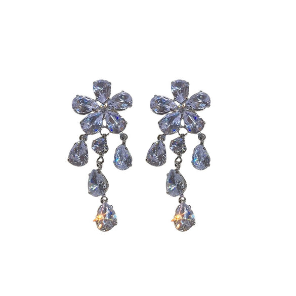 Wholesale Jewelry Copper Zircon Flower Water Drop Tassel Earrings And Necklace Set