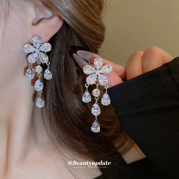 Wholesale Jewelry Copper Zircon Flower Water Drop Tassel Earrings And Necklace Set