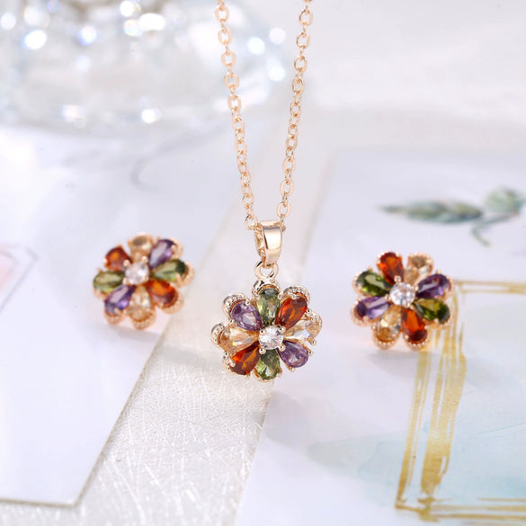 Wholesale Jewelry Copper Zircon Light Luxury Plant Flowers Ochain Earrings Necklace Set